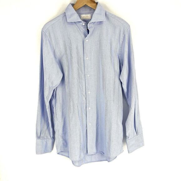 Brooks Brothers Milano Shirt Size 16 Mens Blue Herringbone Non Iron Button Up - Picture 1 of 7